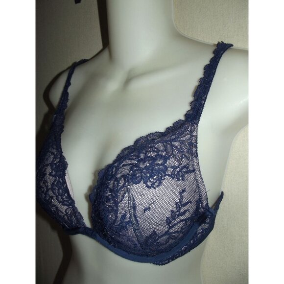 Victoria's Secret 34C Blue Lace Rhinestone Push Up Lace Bra padded crisscross - Picture 2 of 10